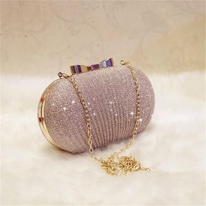 Golden Evening Clutch Bag Women S Wedding Shiny Handtassen Bridal Metal Bow Clutches Chain Schouder 220527GX