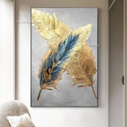 Pluma dorada abstracta pintura al óleo moderna 100% pintura de oro azul pintado a mano Pintura de lienzo moderno para la sala de estar Contemporánea de gran tamaño decoración del hogar