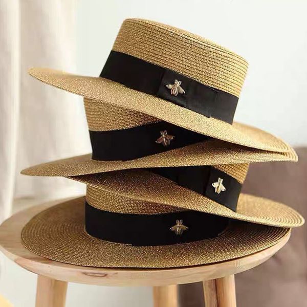 Golden Gorgeous Glitter Wide Bee Bee Black Ribbon Straw Lady Viaje Vacaciones Fashion Personalidad Sombreros