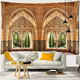 Golden Hall – tapisserie d'art paysage marocain, scène psychédélique, décoration Hippie bohème, couverture murale pour chambre à coucher, 240113