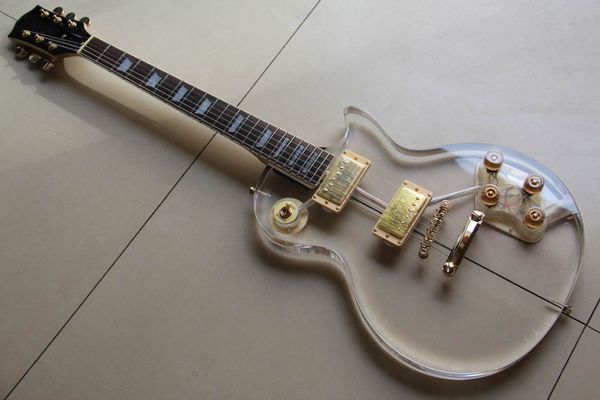 Matériel doré/guitare électrique LED en cristal acrylique/guitare électrique en plexiglas transparent/guitare 6 cordes/sélection de lampe LED multicolore