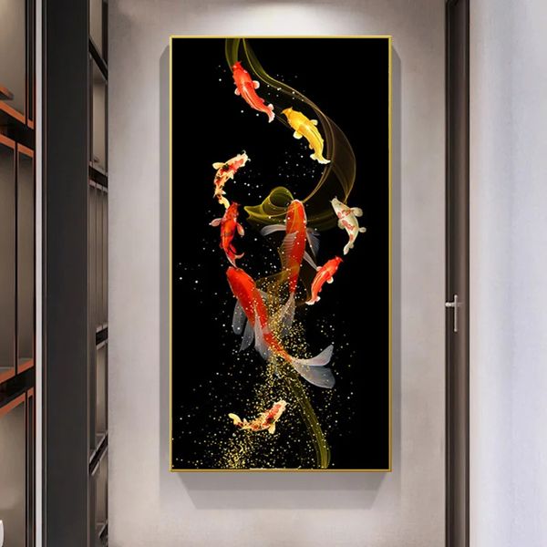 Golden Koi Fish Feng Shui Carp Pictures Canvas Peinture Mur Art pour le salon Galerie moderne Intérieur Intérieur Décor sans cadre