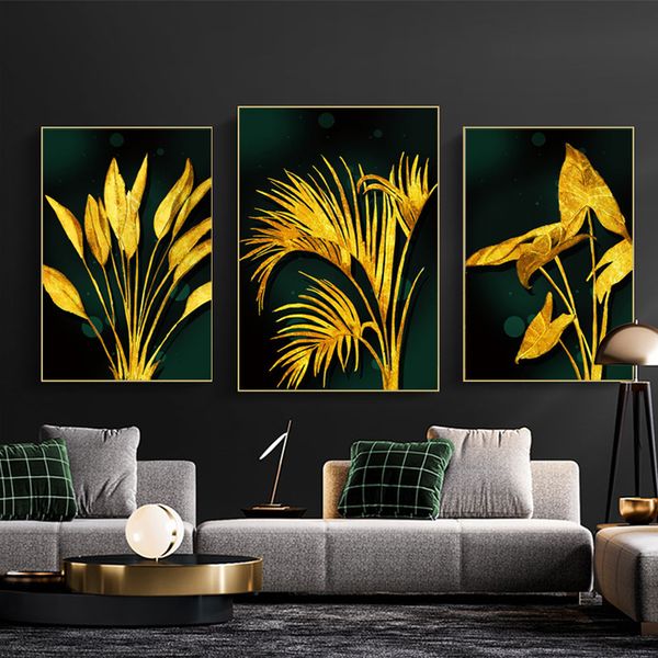 Pósteres e impresiones de lujo de hojas doradas, pintura en lienzo, imagen artística de pared abstracta para sala de estar, decoración moderna para el hogar, planta Tropical