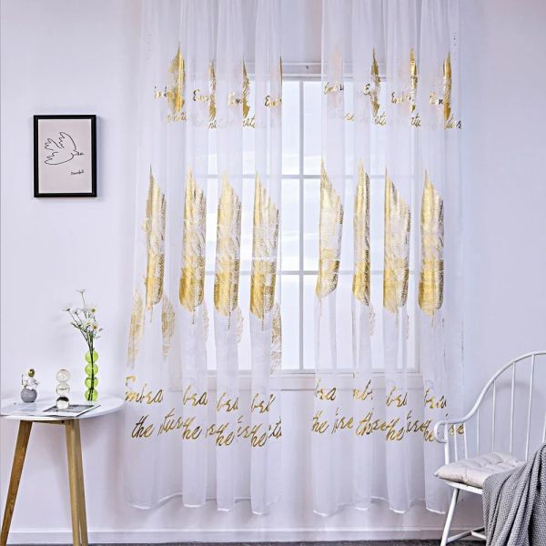 Rideaux transparents imprimés en feuilles dorées pour le salon, congé brillant argenté, ferme, traitement de la fenêtre française, rideaux