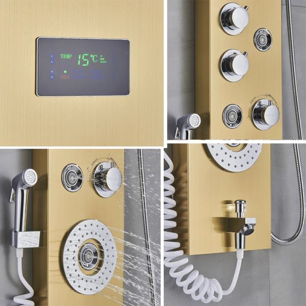 Système de douche de salle de bain bleu LED doré avec affichage de température colonne de douche de massage multifonctionnel