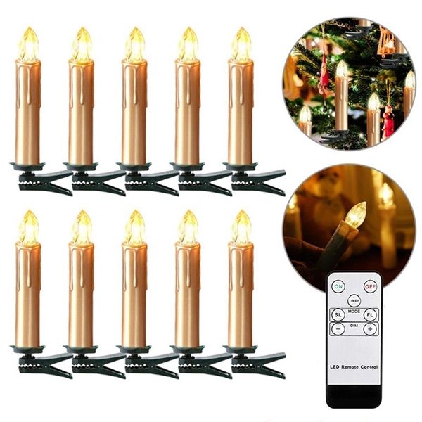 Velas electrónicas LED doradas Luz con pilas Vela falsa Blanco cálido con temporizador remoto y clip para decoración navideña 220524