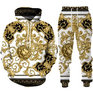 Survêtement pour hommes motif Lion d'or mode vêtements de sport à capuche tenues style baroque sweat à capuche pantalon costume mâle mince deux pièces ensembles 240117