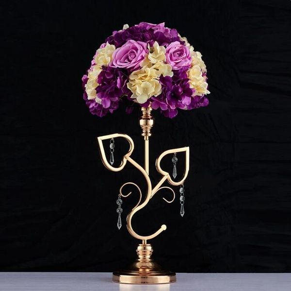 Golden Metal Double Heart Flower Stand Table de mariage Tablette maître