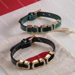 Bracelets de créateurs de lettres en métal doré, bracelet à breloques en cuir doré, boucle épaisse, diamants avec boîte