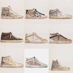 Nuevos lanzamientos MidStar High Top Shoes zapatillas de deporte de moda Italia Classic White Do-old Dirty Designer Hombre Mujer Zapato Silver Glitter cuero