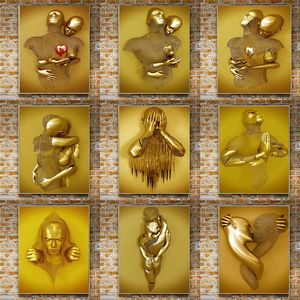 Sculpture d'amoureux moderne doré, peinture sur toile, affiches et imprimés de Couple en métal, images d'art murales pour décoration de maison de salon