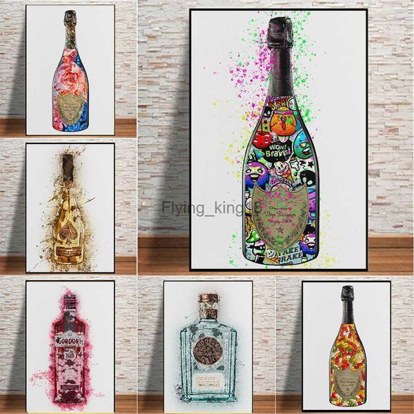 Peinture sur toile bleu rose doré Champagne Gin Raki Graffiti Splash affiche et impressions pour salon bar mur Art décor Cuadros HKD230829