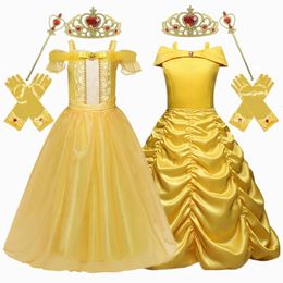 Golden Princess Dress Cosplay Bell Crown Magic Stick Party Party For Girls Clothing Birthday Ball Robe 240413