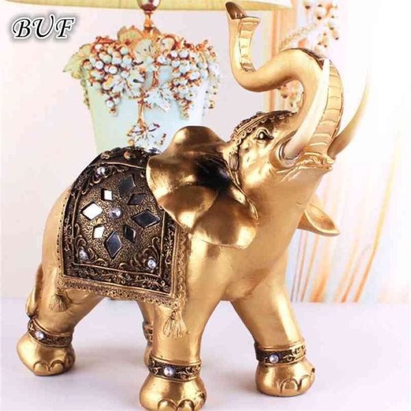 Statue d'éléphant en résine dorée Feng Shui, Sculpture de tronc élégante, Figurine de richesse porte-bonheur, ornements artisanaux pour la décoration de la maison 210827208C