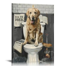 Golden Retriever Canvas Wall Art Black and White Funny Pictures Farmhouse Salle de bain décor mural chien Assis dans des toilettes pour toilet