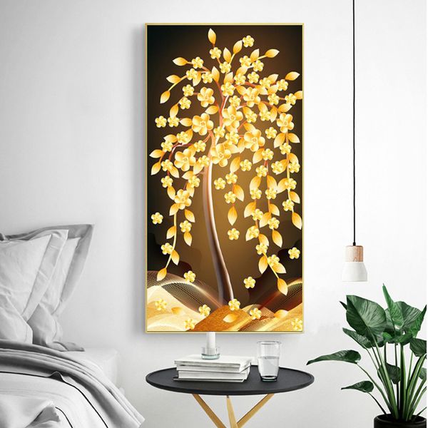 Toile abstraite d'arbre riche doré, peinture sur toile d'arbre d'argent, affiche murale imprimée, décoration de salon, Art de maison, sans cadre