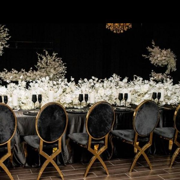 Chaises de mariage avec anneau doré, chaises de banquet en acier inoxydable avec dossier O