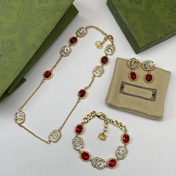 Boucles d'oreilles en laiton rubis doré, ensemble de bijoux de cou, cadeau de marque à la mode, Bracelet de créateur