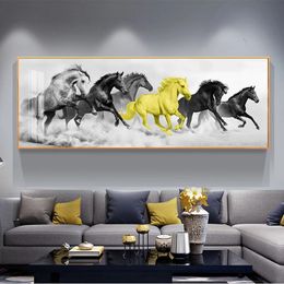 Gouden posters en prints lopende paarden zwart -wit dieren canvas schilderen muur kunst foto's voor woonkamer cuadros home decor