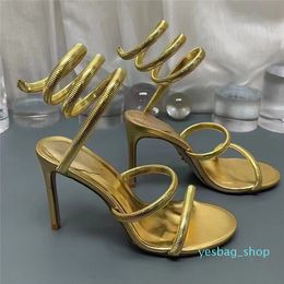 Sandales dorées Ornées de strass Cortex métallique Sandales à talon aiguille serpent Chaussures de soirée Boîte à chaussures enveloppante