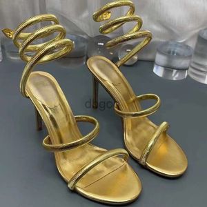 Gouden sandalen Met strass versierde metallic cortex Snake Strass-sandalen met stilettohak Avondschoenen Luxe ontwerpers Wikkelschoen