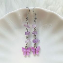 Boucles d'oreilles en cristal de pierre concassée naturelle couleur argent doré pour femmes fille coloré pierre papillon à la main gland boucles d'oreilles cadeau