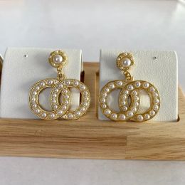Boucles d'oreilles en petites perles dorées Channel Pearl Diamond Drop Boucles d'oreilles en or Designer pour femme Marque de mode Boucles d'oreilles de mariage en argent avec logo