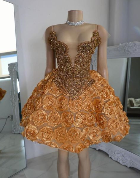 Golden Sparkly Short Prom Homecoming Robes pour fille noire 3d Rose Jupe Luxury Diamond Birthday Gala Cérémonie Cocktail