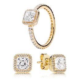 Golden Square Stud Pendientes y juego de anillos para Pandora Crystal Diamond Wedding Party Diseñador de joyas para mujeres Novia Regalo Anillos de lujo Pendiente con caja original