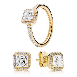 Gouden vierkante oorknopjes en ringset voor Pandora Crystal Diamond Wedding Party designer sieraden voor vrouwen vriendin cadeau luxe ringen oorbel met originele doos