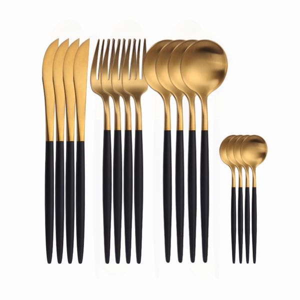 Golden Tableware Couverts Fourchette Cuillère Couteau Ensemble de couverts en acier inoxydable Ensemble de vaisselle complet Noir Or 16 pcs Eco Friendly 201118