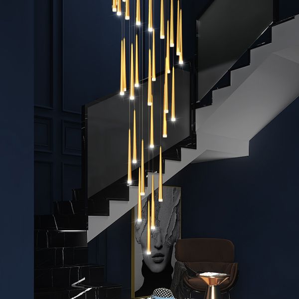 Candelabro cónico dorado, lámpara LED moderna para sala de estar, iluminación interior, lámpara de cocina, candelabro de escalera de edificio alto