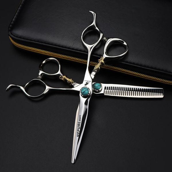 Golden Tiger Professional JP 440C Acier 6 '' Green Gem Ciseaux à cheveux double face Outils de coupe de barbier Coupe de cheveux Ciseaux amincissants 240110