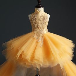 Gouden tule meisje optocht jurk verjaardagsfeestje jurk Hi-Lo pailletten kralen bloemen meisje prinses jurk pluizige kinderen eerste Commu248P