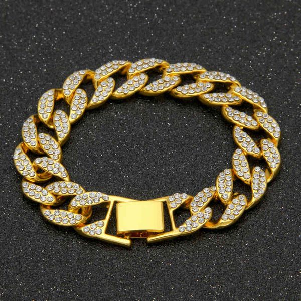 Bracelets dorés en pierre simulée pour hommes et femmes, breloques cubaines Miami, chaînes en strass glacés, bijoux Hip Hop CAGM0012
