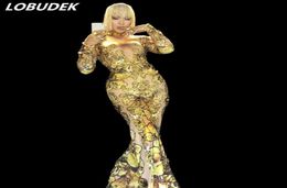 Golden Yellow Shining Crystals Jumps Costume Sparkly Diamond Sexy Rompers Singer Prom Stage Costumes Célébration Costume Party P1081964