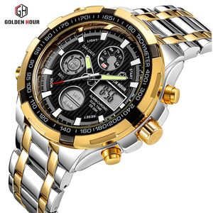 Goldenhour Fashion Top Merk Mannen Analoog Digitale Quartz Horloge Mens Rvs Strap Business Horloges Casual Mannelijke Klok 210517