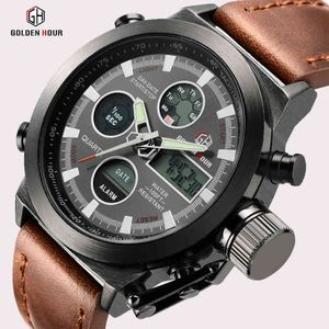 GOLDENHOUR Top Marque De Luxe Homme Montres À Quartz Sport Armée Militaire Étanche Hommes Montre-Bracelet Led Affichage Montre Relogio Masculino 210517