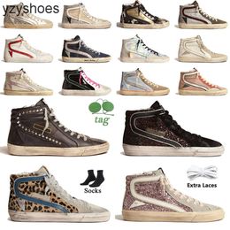 Goldenss Goosess Venice Beach Zapatillas altas de lujo - Lentejuelas adornadas con cuero blanco Diseño clásico de estrella Estilo desgastado