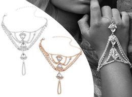 Goudzilver Kleur Crystal Link Chain Kreeft Bruidsarmband Strass Bruiloft Hand Slave Vinger Ring Jewelry1571474