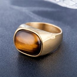 Goldsteel Color Retro Tiger Eye Brown Pierres Anneaux pour hommes Femmes Classic Elegant Simple Innewless Steel Stone Ring Jewelry Gift 240322