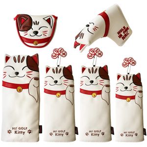 Golf HeadCover Lucky Cat Head Golf Head for Driver Fairway Hybrid Putter PU Leather Protector Magnetic Closeure 240409