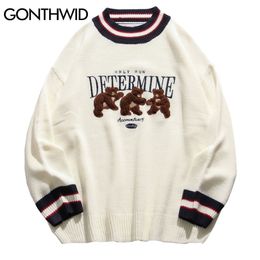 Gonthwid Bear Patchwork Striped gebreide jumpers Sweaters Streetwear Hip Hop Harajuku Casual pullover gebreide Mens Fashion Tops 220819