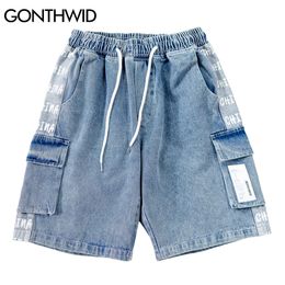 GONTHWID Cargo Denim Shorts Hip Hop Color Block Patchwork Multi Poches Jeans Courts Streetwear Hommes Harajuku Mode Baggy Pantalon C0325