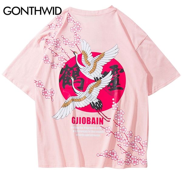 GONTHWID Chinois Grue Fleurs Imprimer T-shirts Harajuku Hip Hop Casual Streetwear T Shirts Tops Hipster À Manches Courtes T-shirts Homme 210329