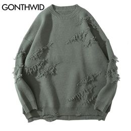 GONTHWID En Détresse Détruit Tricoté Pull Pulls Streetwear Hommes Hip Hop Harajuku Mode Casual Pull Tricots Hauts 240127