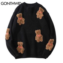 Gonthwid borduurwerk beren gebreide jumper truien streetwear hiphop mannen harajuku casual knitwear trui mode tops mannelijke 210929