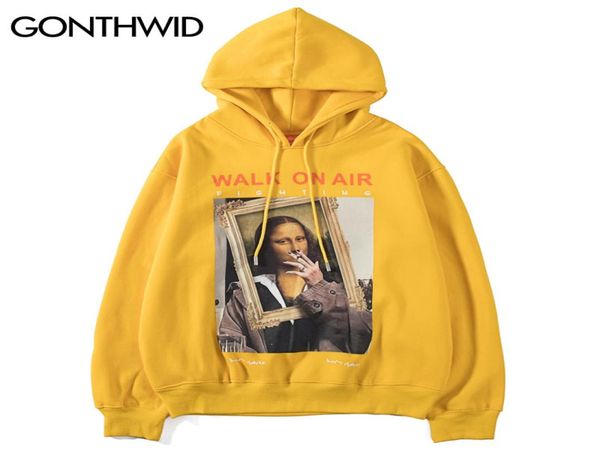 GONTHWID Divertida Mona Lisa Fumando Estampado de lana Sudaderas con capucha Sudaderas con capucha Harajuku Hip Hop Streetwear Sudadera con capucha Tops casuales V1950712