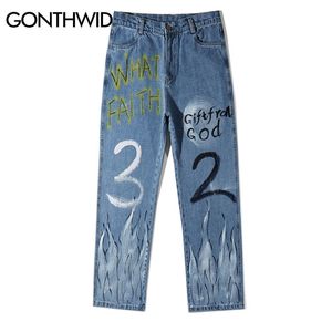 GONTHWID Graffiti Fire Flame Imprimer Casual Baggy Denim Jeans Hip Hop Hipster Streetwear Pantalons Hommes Mode Punk Rock Pantalon Mâle 201111