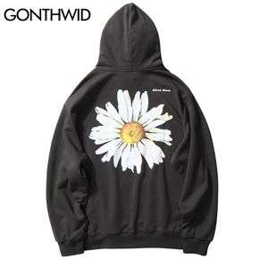 Gonthwid Harajuku Daisy Flowers Print Fleece Hoodies Sweatshirts Streetwear Men Heup Hop Casual Pullover Hooded Tops Fashion 201112